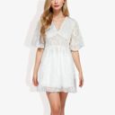 White Large V-Neck Short Sleeve Lace Mini Dress