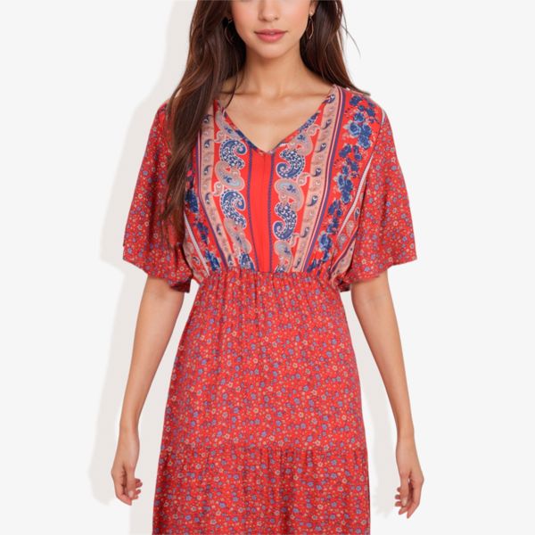 Bohemian V-Neck Maxi Dress Floral Print Short Sleeves