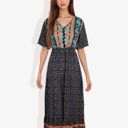 Black Large Bohemian V-Neck Maxi Dress Floral Print Short Sleeves