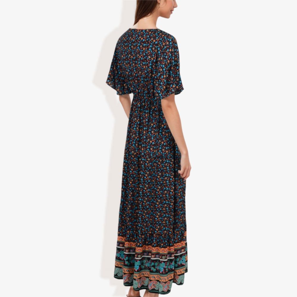 Bohemian V-Neck Maxi Dress Floral Print Short Sleeves