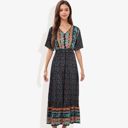 Black Medium Bohemian V-Neck Maxi Dress Floral Print Short Sleeves