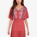 Red Large Bohemian V-Neck Maxi Dress Floral Print Short Sleeves