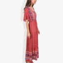 Red Medium Bohemian V-Neck Maxi Dress Floral Print Short Sleeves