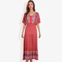 Red Medium Bohemian V-Neck Maxi Dress Floral Print Short Sleeves