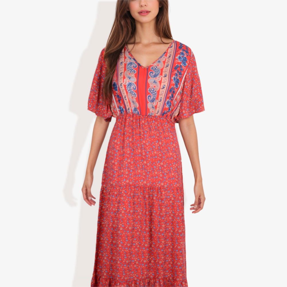 Bohemian V-Neck Maxi Dress Floral Print Short Sleeves