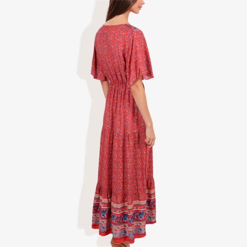 Bohemian V-Neck Maxi Dress Floral Print Short Sleeves