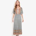 Beige Medium Bohemian V-Neck Maxi Dress Floral Print Short Sleeves