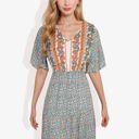 Beige XL Bohemian V-Neck Maxi Dress Floral Print Short Sleeves