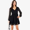  Long Sleeve Swiss Dot V-Neck Mini Dress With Ruffle Hem