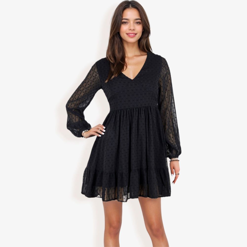 Long Sleeve Swiss Dot V-Neck Mini Dress With Ruffle Hem