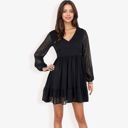  Long Sleeve Swiss Dot V-Neck Mini Dress With Ruffle Hem