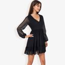 Black Large Long Sleeve Swiss Dot V-Neck Mini Dress With Ruffle Hem