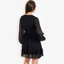 Black Large Long Sleeve Swiss Dot V-Neck Mini Dress With Ruffle Hem