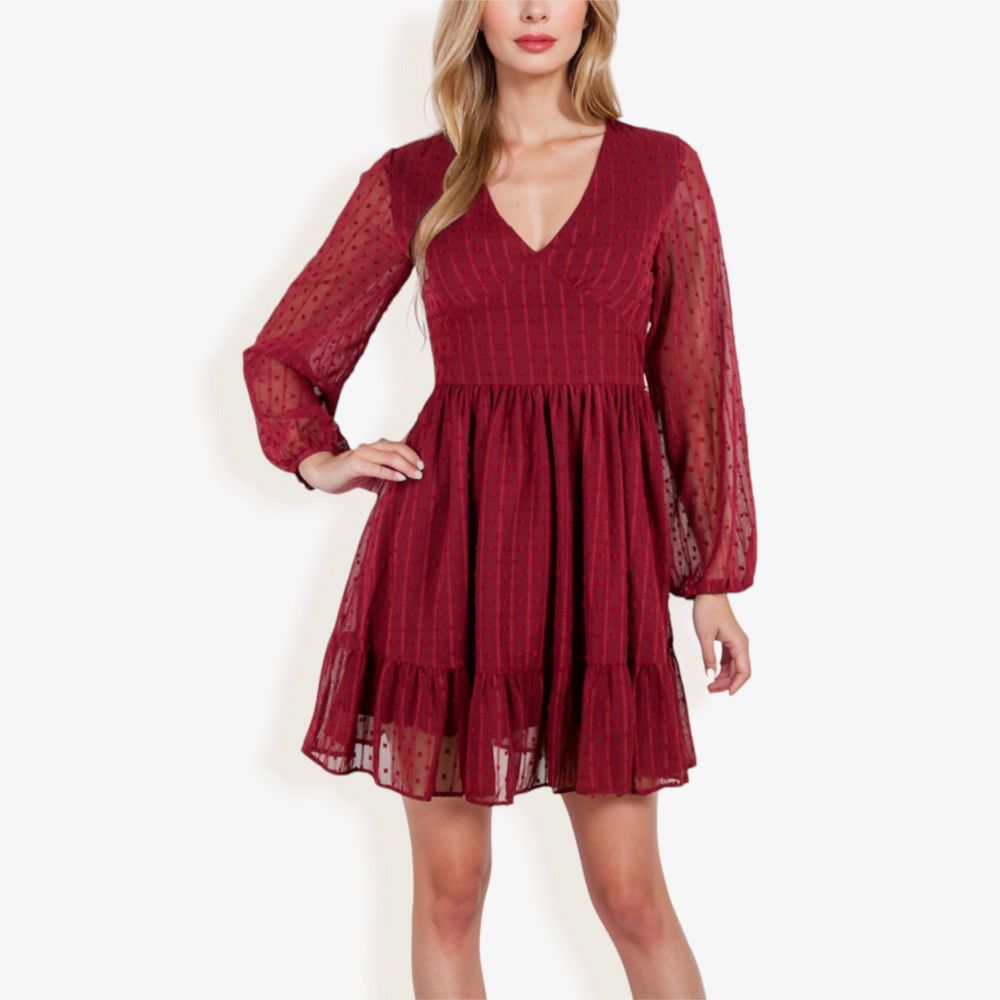 Long Sleeve Swiss Dot V-Neck Mini Dress With Ruffle Hem