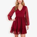 Red Medium Long Sleeve Swiss Dot V-Neck Mini Dress With Ruffle Hem