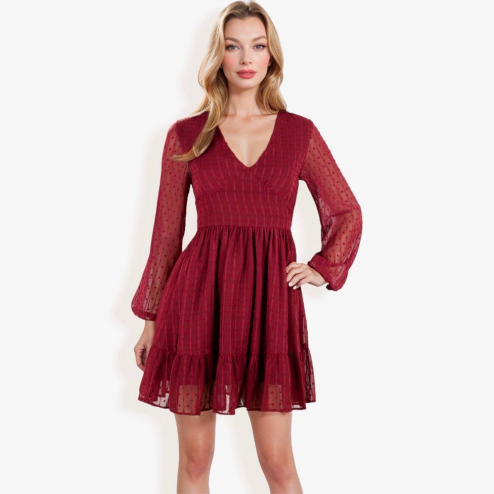 Long Sleeve Swiss Dot V-Neck Mini Dress With Ruffle Hem