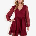 Red Medium Long Sleeve Swiss Dot V-Neck Mini Dress With Ruffle Hem