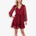 Red Medium Long Sleeve Swiss Dot V-Neck Mini Dress With Ruffle Hem