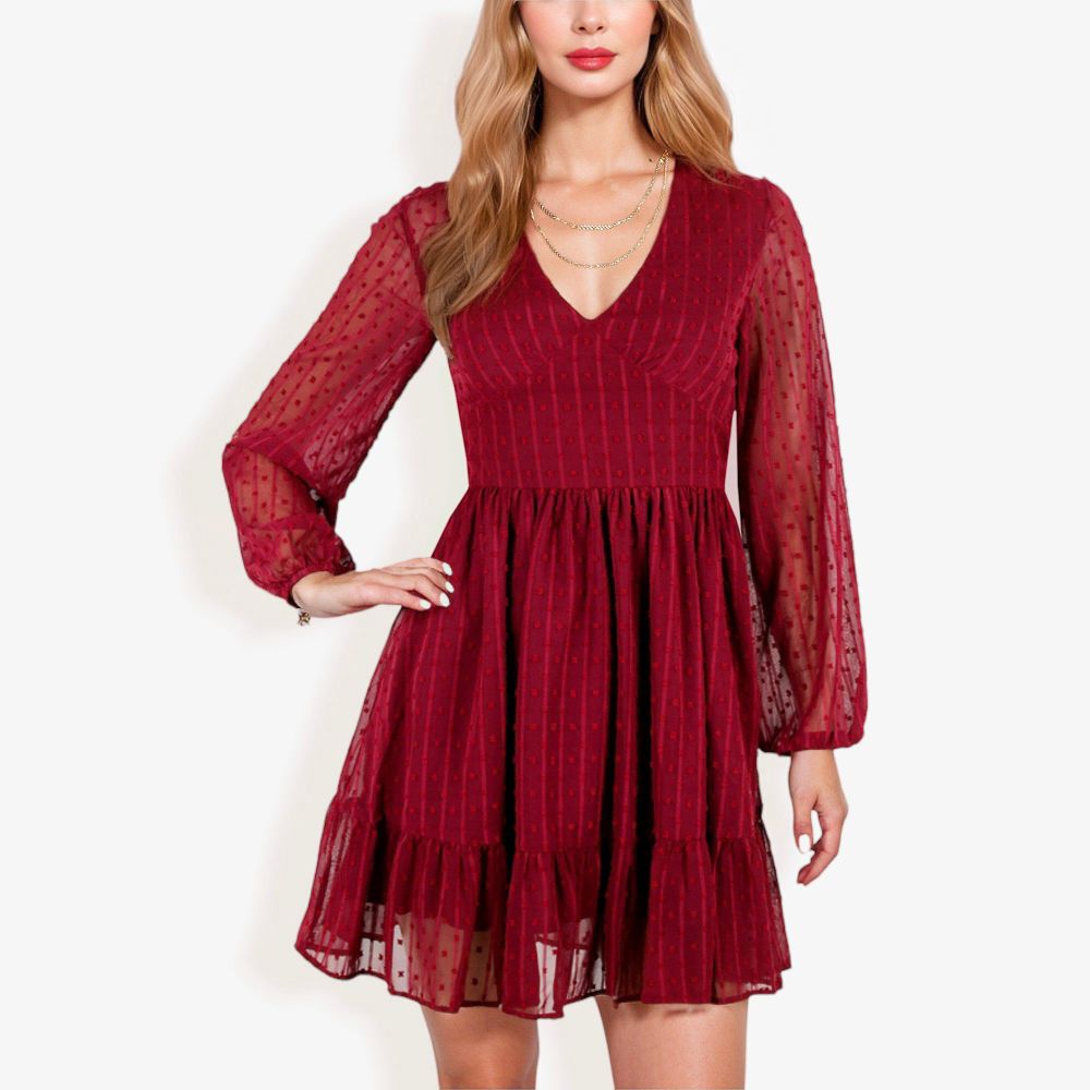 Long Sleeve Swiss Dot V-Neck Mini Dress With Ruffle Hem