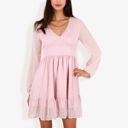 Pink Large Long Sleeve Swiss Dot V-Neck Mini Dress With Ruffle Hem