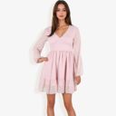 Pink Large Long Sleeve Swiss Dot V-Neck Mini Dress With Ruffle Hem