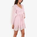 Pink Large Long Sleeve Swiss Dot V-Neck Mini Dress With Ruffle Hem