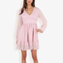 Pink Large Long Sleeve Swiss Dot V-Neck Mini Dress With Ruffle Hem