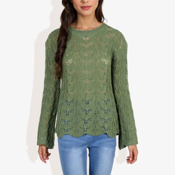 Long Sleeve Crochet Knit Sweater with Crew Neck and Relaxed Fit for Fall and Winter