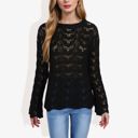 Black Large Long Sleeve Crochet Knit Sweater with Crew Neck and Relaxed Fit for Fall and Winter