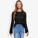 Black Large Long Sleeve Crochet Knit Sweater with Crew Neck and Relaxed Fit for Fall and Winter