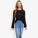 Black Large Long Sleeve Crochet Knit Sweater with Crew Neck and Relaxed Fit for Fall and Winter