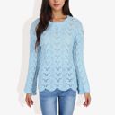 Blue Large Long Sleeve Crochet Knit Sweater with Crew Neck and Relaxed Fit for Fall and Winter