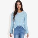 Blue Large Long Sleeve Crochet Knit Sweater with Crew Neck and Relaxed Fit for Fall and Winter