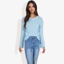 Blue Large Long Sleeve Crochet Knit Sweater with Crew Neck and Relaxed Fit for Fall and Winter