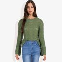 Green Large Long Sleeve Crochet Knit Sweater with Crew Neck and Relaxed Fit for Fall and Winter