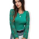  Crew Neck Knit Top with Floral Lace Long Sleeves Versatile and Elegant for Any Occasion