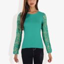  Crew Neck Knit Top with Floral Lace Long Sleeves Versatile and Elegant for Any Occasion