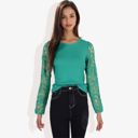  Crew Neck Knit Top with Floral Lace Long Sleeves Versatile and Elegant for Any Occasion