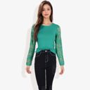  Crew Neck Knit Top with Floral Lace Long Sleeves Versatile and Elegant for Any Occasion