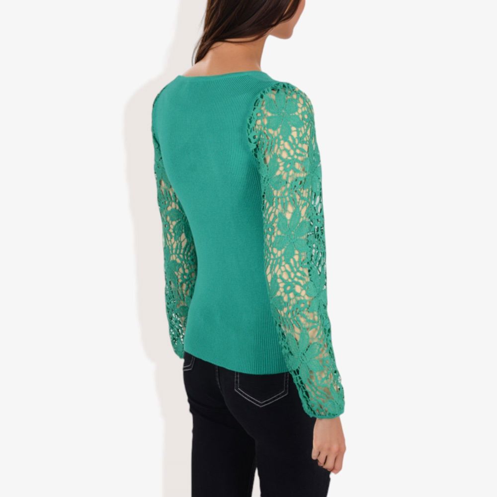 Crew Neck Knit Top with Floral Lace Long Sleeves Versatile and Elegant for Any Occasion