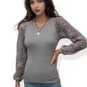 Gray Large Crew Neck Knit Top with Floral Lace Long Sleeves Versatile and Elegant for Any Occasion