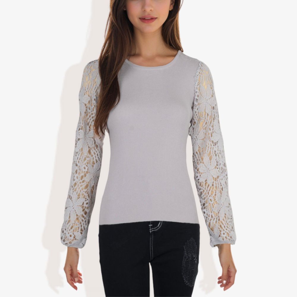 Crew Neck Knit Top with Floral Lace Long Sleeves Versatile and Elegant for Any Occasion