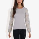 Gray Large Crew Neck Knit Top with Floral Lace Long Sleeves Versatile and Elegant for Any Occasion