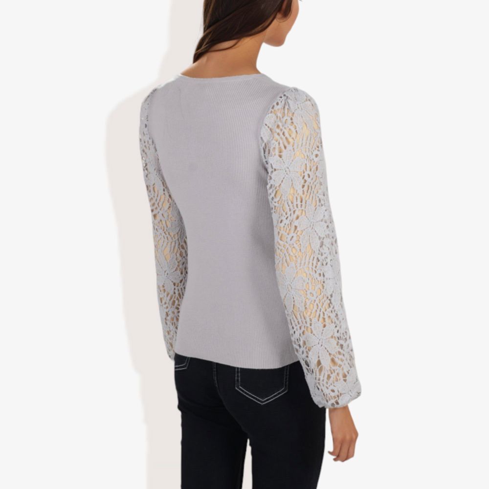 Crew Neck Knit Top with Floral Lace Long Sleeves Versatile and Elegant for Any Occasion