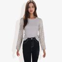 Gray Large Crew Neck Knit Top with Floral Lace Long Sleeves Versatile and Elegant for Any Occasion