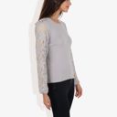 Gray Large Crew Neck Knit Top with Floral Lace Long Sleeves Versatile and Elegant for Any Occasion