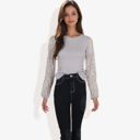 Gray Large Crew Neck Knit Top with Floral Lace Long Sleeves Versatile and Elegant for Any Occasion