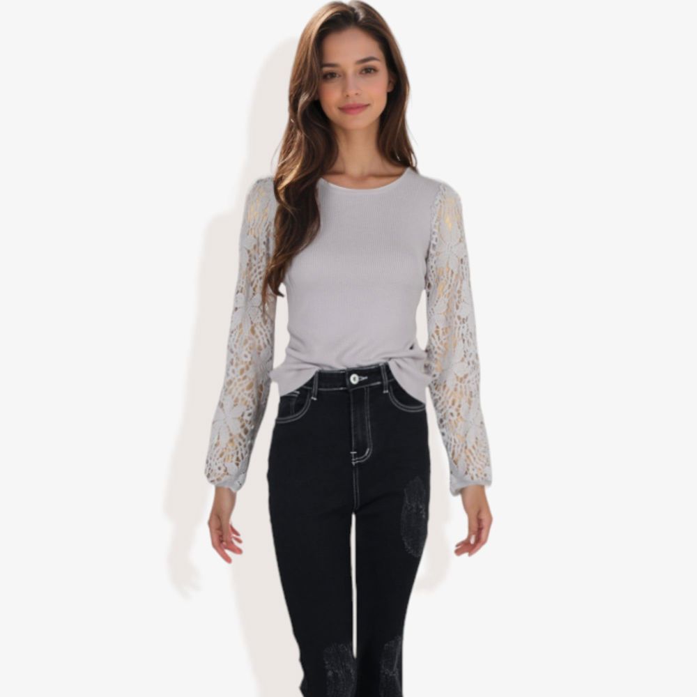 Crew Neck Knit Top with Floral Lace Long Sleeves Versatile and Elegant for Any Occasion