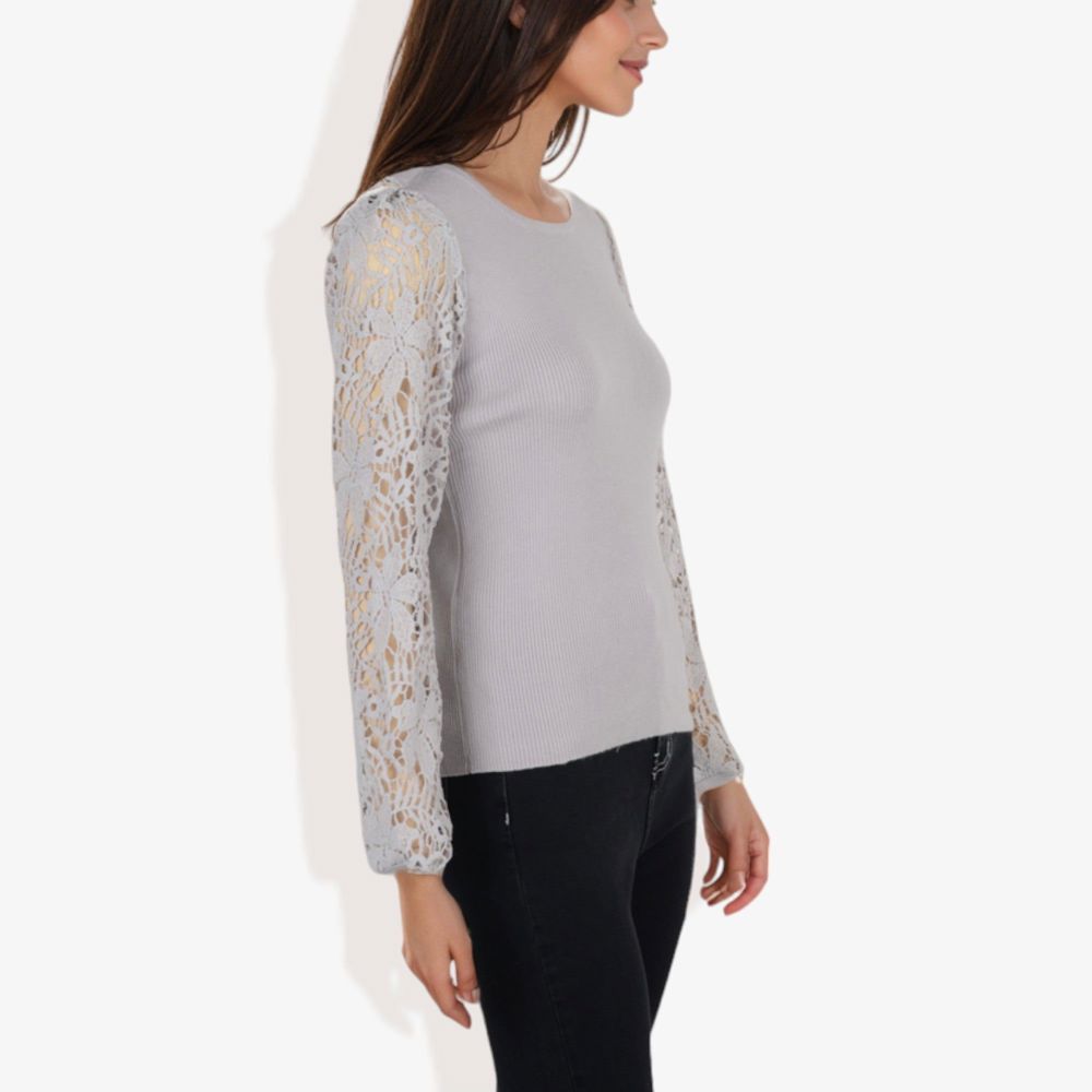 Crew Neck Knit Top with Floral Lace Long Sleeves Versatile and Elegant for Any Occasion