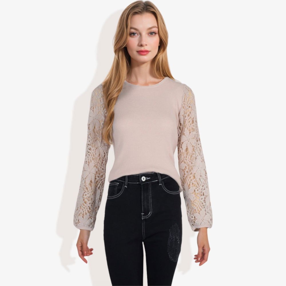 Crew Neck Knit Top with Floral Lace Long Sleeves Versatile and Elegant for Any Occasion